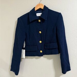 Babaton Frances Cropped Tweed Jacket Navy Gold Buttons Size S